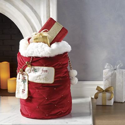 Faux Fur Quilted Deluxe Velvet Santa Bags with Personalized Tags Brass Bells