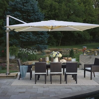 cantilever patio umbrella with lights and base HOMSHADE 10FT Solar LED Included, Beige this umbrella will indulge you in plenty of shade all day long and keep your nights bright with its 32 solar BLUU 12 FT Solar Cantilever