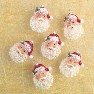 Winking Santa Ornaments Set of Six Handpainted Glass with Glitter