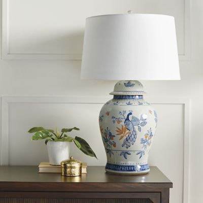 Admiral ホワイトブルー セット Azura Handpainted Table Lamp with Peacock Design & White Linen Shade