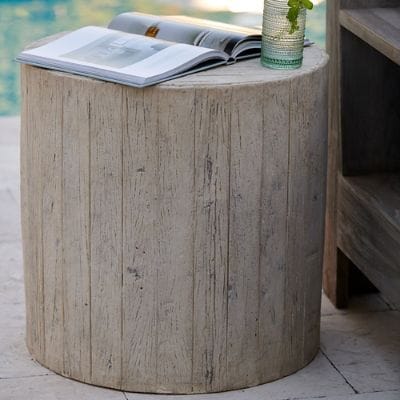 Barrel Faux Wood End Table with All-Weather Resin & Crushed Stone
