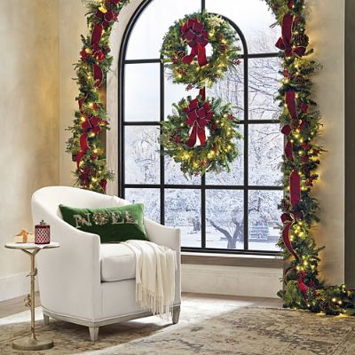 Christmas Cheer Cordless Wreath with Red Bow & Pre-lit Warm