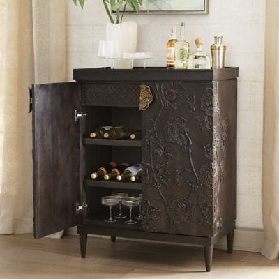 Miri Hand Carved Bar & Storage Cabinet with Jacobean Floral Detail