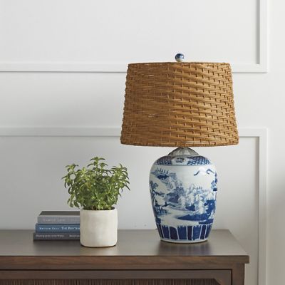 White lamp with store blue shade