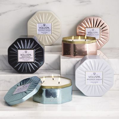 Voluspa 3-Wick Tin Candle with Gold Speckled Octagon Design