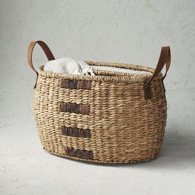 Genevieve Carry-all Basket with Leather Trim & Handwoven Seagrass