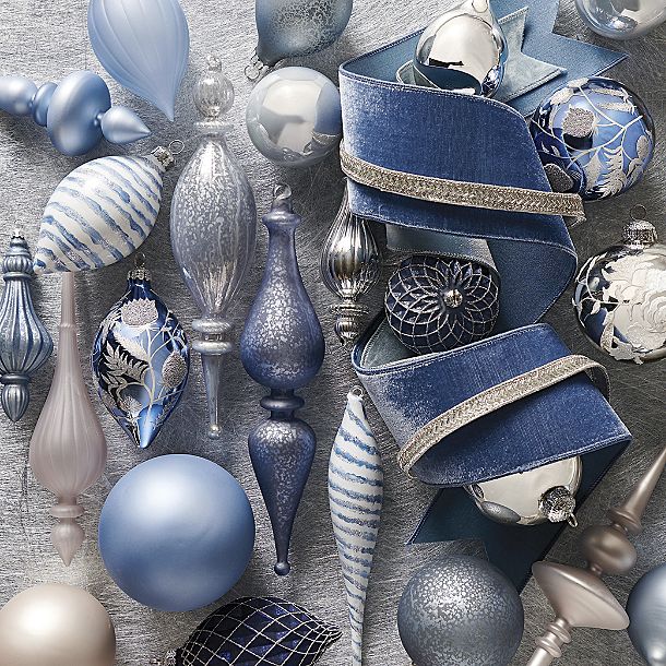 Image of French Country Frosted Blue Ornament Set