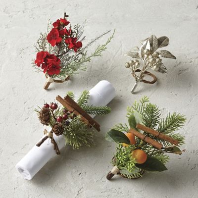 Winter Faux Floral & Greenery Napkin Rings, Set of Four Frontgate