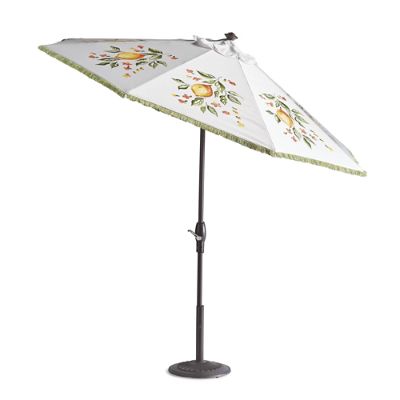 lemon print patio umbrella the LIMONE Beach 32 wide when open 23.5 tall (top to handle bottom) Bamboo and synthetic silk Handmade in China Not for use in rain Our Beach Umbrella Patio Umbrella