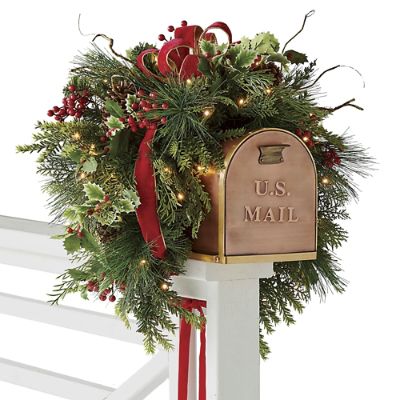 Christmas Cheer Mailbox Swag with LED Lights & Red Velvet Bow for ...