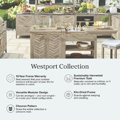 Infographic showcasing features of the Westport Teak Entertaining Station.