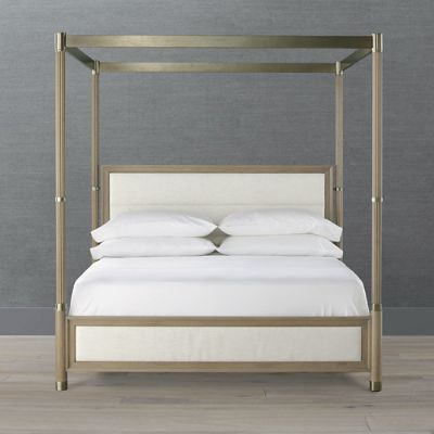 Navarro Canopy Bed with Brass Finish & Ivory Linen Panels