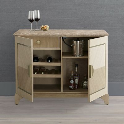Harrison Oak Bar Cabinet with Emperador Stone Top & Brass Inlay Doors