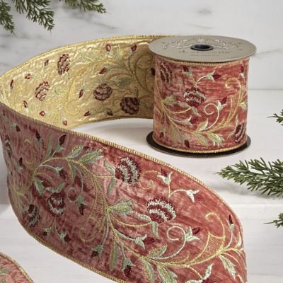 Dusty Rose Suzani Velvet Ribbon with Gold Accents & Wired Edges