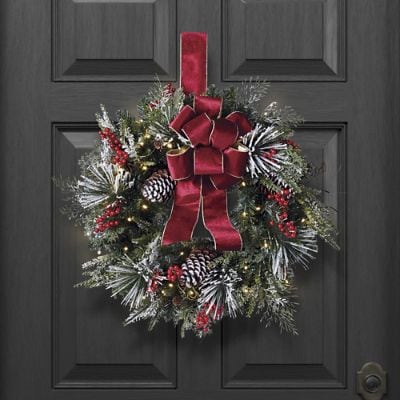 Christmas Cheer Flocked Wreath with LED Lights & Red Velvet Bow