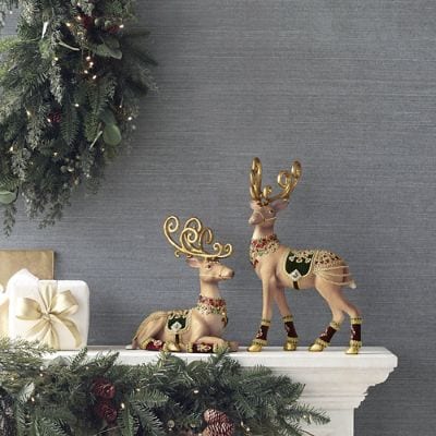 Christmas Castle Deer Set with Hand-Embellished Details & Artisan