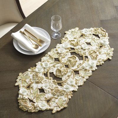Papillion Runner with Hand Beaded Butterflies & White Florals on Gold ...