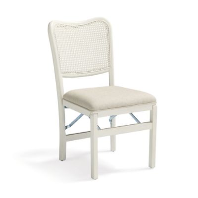 White metal folding chair with woven back and cushion on a white background.