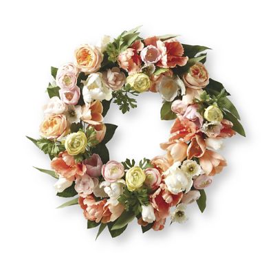 Holland Blooming Wreath with Lifelike Tulips, Peonies & Lemon Leaves