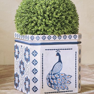Azura Handpainted Planter with Peacock Motif & Drain Hole for