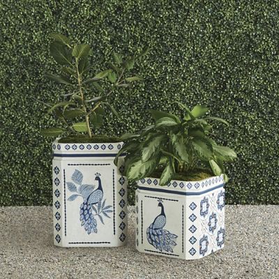 Azura Handpainted Planter with Peacock Motif & Drain Hole for