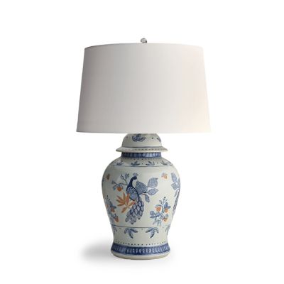 Azura Handpainted Table Lamp with Peacock Design & White Linen Shade