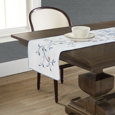 Azura Peacock Embroidered Table Runner with Beading & Blue Edge Detail
