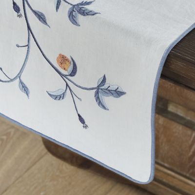 Azura Peacock Embroidered Table Runner with Beading & Blue Edge Detail