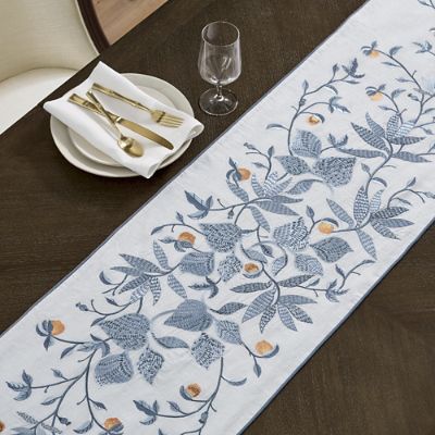 table runner 「青磁色・彩」　帯リメイク Azura Peacock Embroidered Table Runner with Beading & Blue Edge Detail