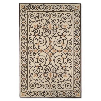 Fleur de Lis Wool Area Rug with Hand-Hooked Scrollwork & Cotton