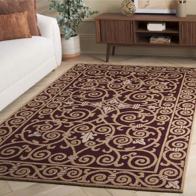 Fleur de Lis Wool Area Rug with Hand-Hooked Scrollwork & Cotton