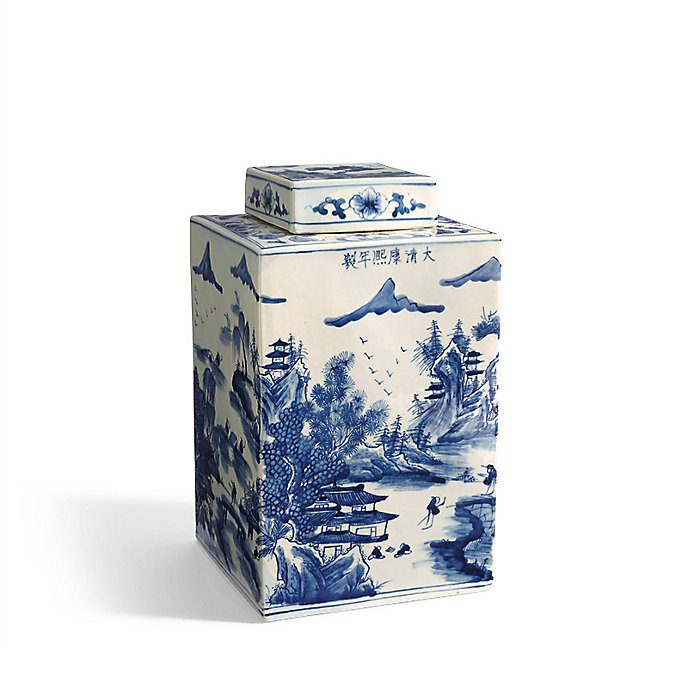 Image of Blue & White Rectangular Lidded Jar