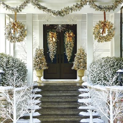 Flocked Norway Greenery Collection with Meteor Lights Frontgate