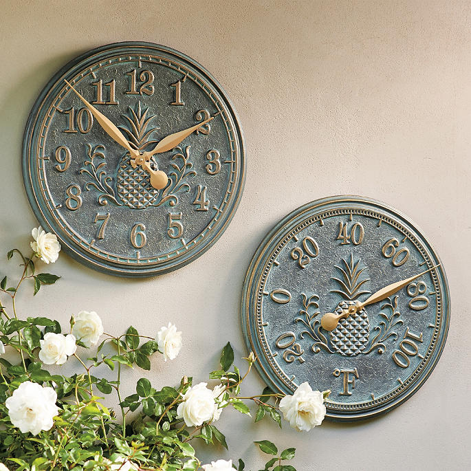 Classic Pineapple Clock And Thermometer, Outdoor Clock And Thermometer