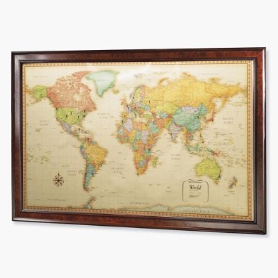 Magnetic World Map Framed World Magnetic Travel Map With Burlwood Frame | Frontgate